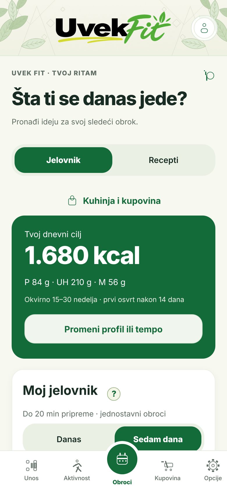 Jelovnik i dnevni cilj u aplikaciji Uvek fit