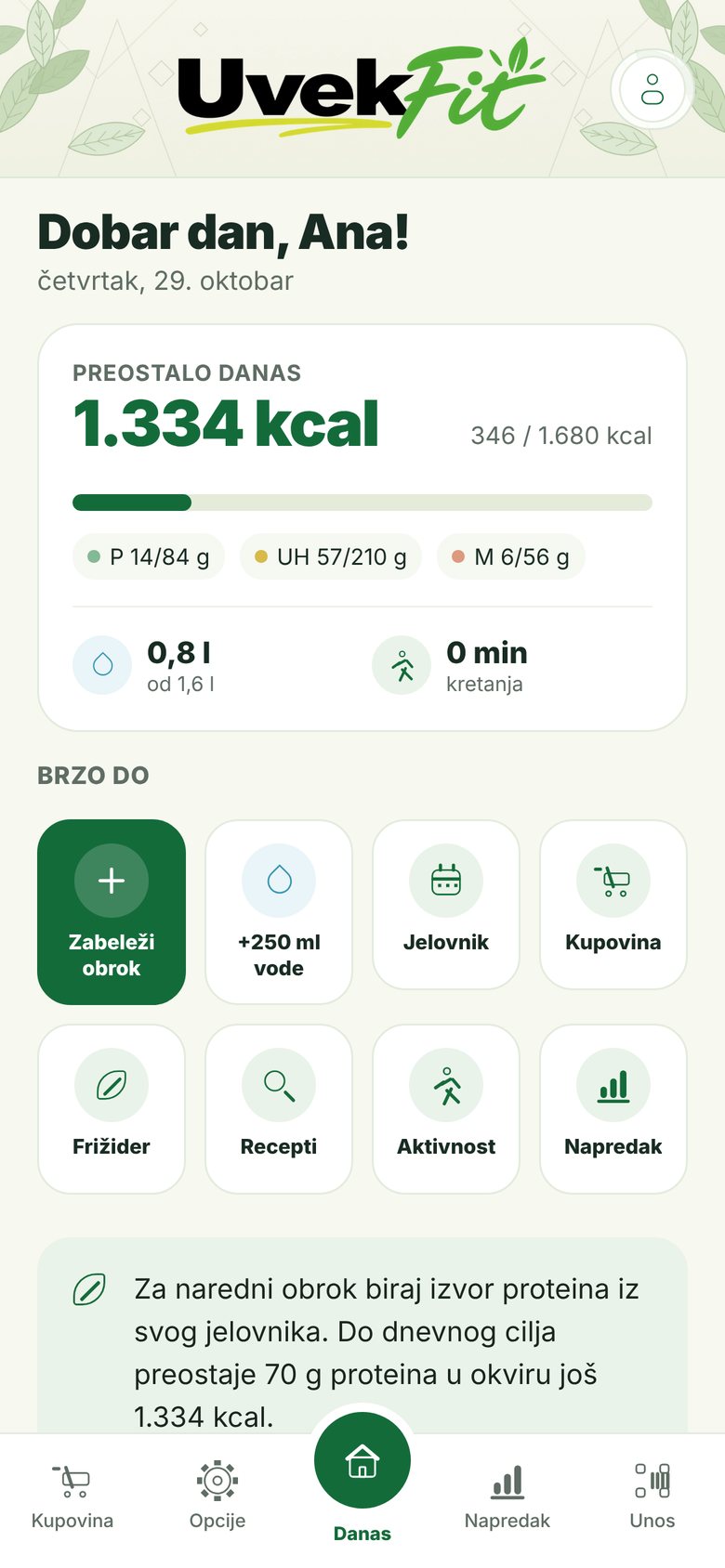 Ekran Danas u aplikaciji Uvek fit